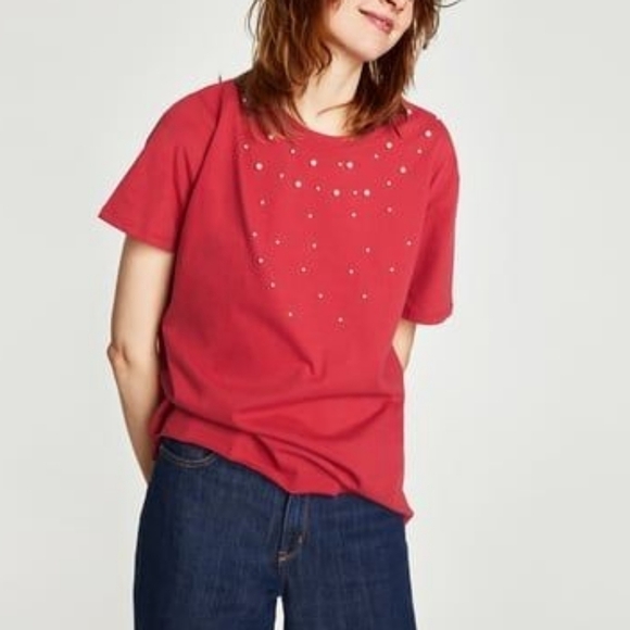 Zara Trafaluc Red Faux Pearl Distressed T-Shirt - Picture 1 of 10
